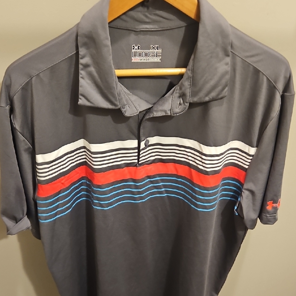 Under Armour Men's Polo Shirt in Gray with Red and Blue Stripes